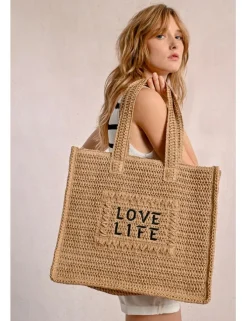 Bolso de rafia trenzada estampado texto