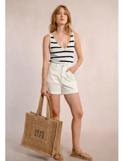 Bolso de rafia trenzada estampado texto