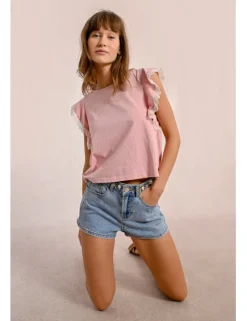 Camiseta de manga corta mariposa con encaje