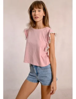 Camiseta de manga corta mariposa con encaje