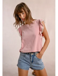 Camiseta de manga corta mariposa con encaje