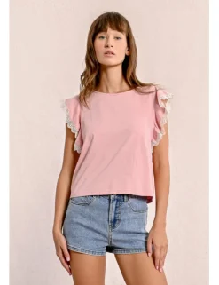 Camiseta de manga corta mariposa con encaje