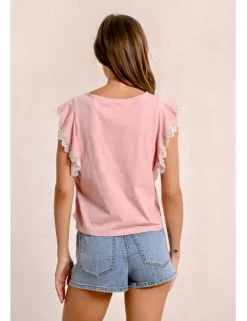 Camiseta de manga corta mariposa con encaje