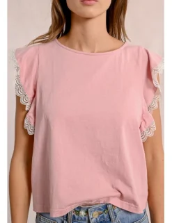 Camiseta de manga corta mariposa con encaje