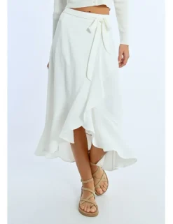Falda midi asimétrica con volante y lazada