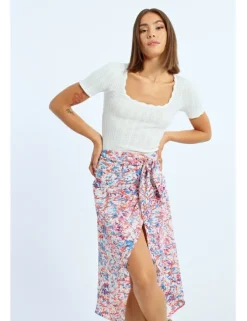 Falda midi asimétrica estampado multicolor