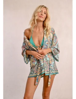 Kimono de manga larga con lazada y estampado