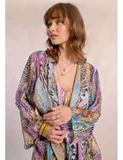 Kimono de manga larga con lazada y estampado