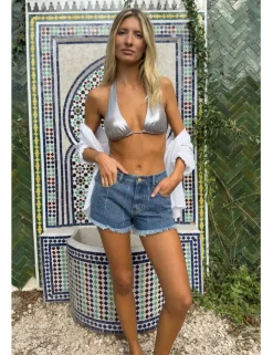 Top de bikini triángulo en tejido metalizado