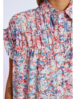 Vestido corto camisero con estampado y pliegues