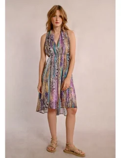 Vestido corto con escote halter asimétrico con estampado