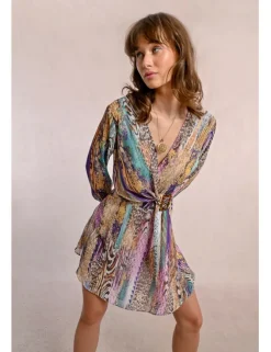 Vestido corto de manga larga con estampado y lazada