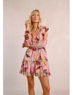 Vestido corto de manga larga con estampado y volantes
