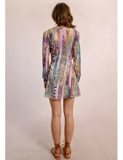 Vestido corto de manga larga con estampado y lazada