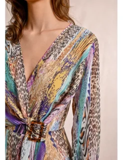 Vestido corto de manga larga con estampado y lazada