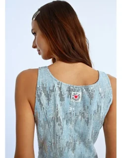 Vestido corto vaquero sin manga con lentejuelas