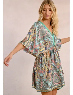 Vestido de manga corta amplia con estampado y lazada