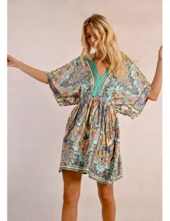 Vestido de manga corta amplia con estampado y lazada