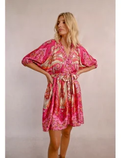 Vestido de manga corta con lazada y estampado