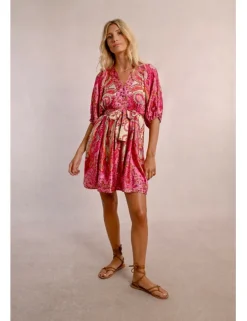 Vestido de manga corta con lazada y estampado