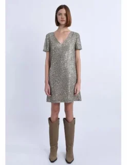 Vestido de manga corta con estampado y lentejuelas