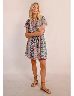 Vestido de manga corta con volantes lazada y estampado