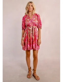 Vestido de manga corta con lazada y estampado