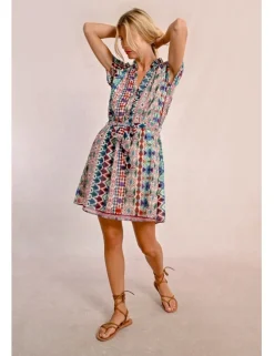 Vestido de manga corta con volantes lazada y estampado