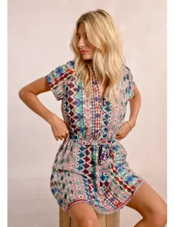 Vestido de manga corta con volantes lazada y estampado