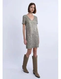 Vestido de manga corta con estampado y lentejuelas
