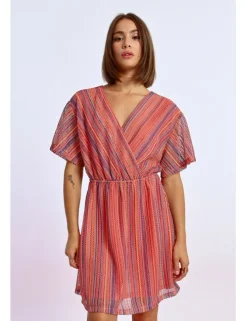Vestido de manga corta de rayas multicolor