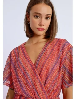 Vestido de manga corta de rayas multicolor