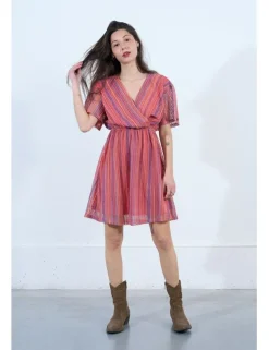 Vestido de manga corta de rayas multicolor