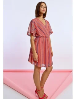 Vestido de manga corta de rayas multicolor