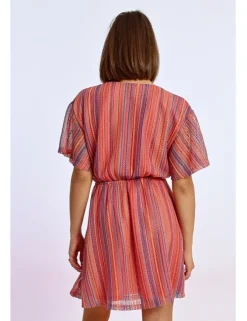 Vestido de manga corta de rayas multicolor
