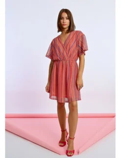 Vestido de manga corta de rayas multicolor