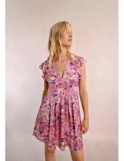Vestido de manga corta mariposa estampado y pliegues