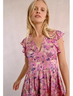 Vestido de manga corta mariposa estampado y pliegues