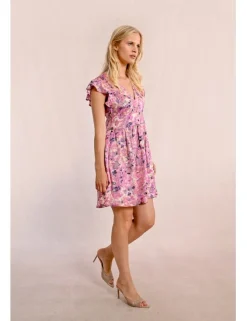 Vestido de manga corta mariposa estampado y pliegues