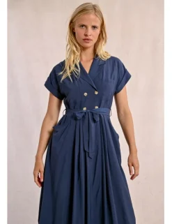 Vestido largo con cuello solapa y lazada