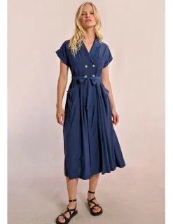 Vestido largo con cuello solapa y lazada