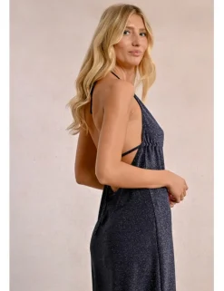 Vestido largo con escote de pico en tejido brillante