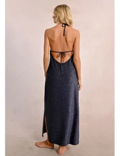 Vestido largo con escote de pico en tejido brillante
