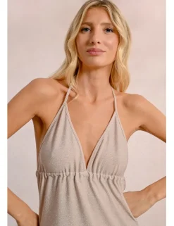 Vestido largo con escote de pico en tejido brillante