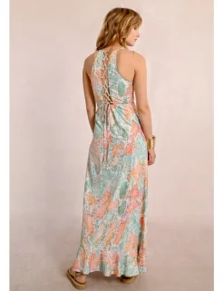 Vestido largo con estampado y volantes
