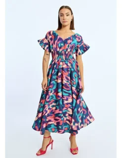 Vestido largo con pliegues y estampado multicolor