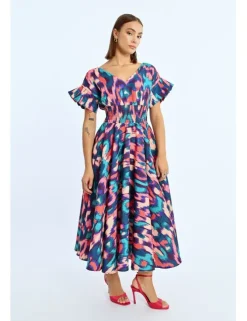 Vestido largo con pliegues y estampado multicolor