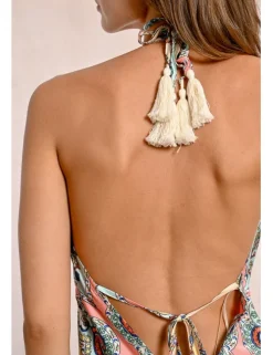 Vestido largo cuello halter con estampado