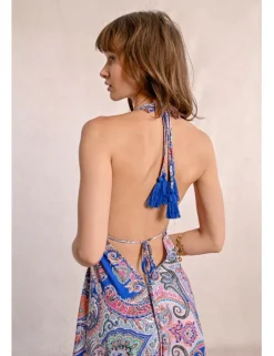 Vestido largo de escote halter con estampado