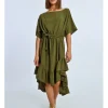 Vestido largo de manga corta con lazada y volantes
